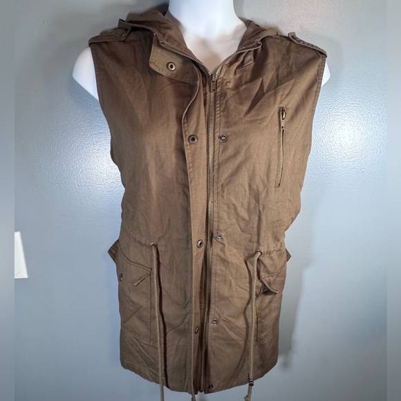 Zenana Outfitters Hooded Vest Size 3X 100% Cotton Drawstring Tan Cargo Style - Picture 4 of 13